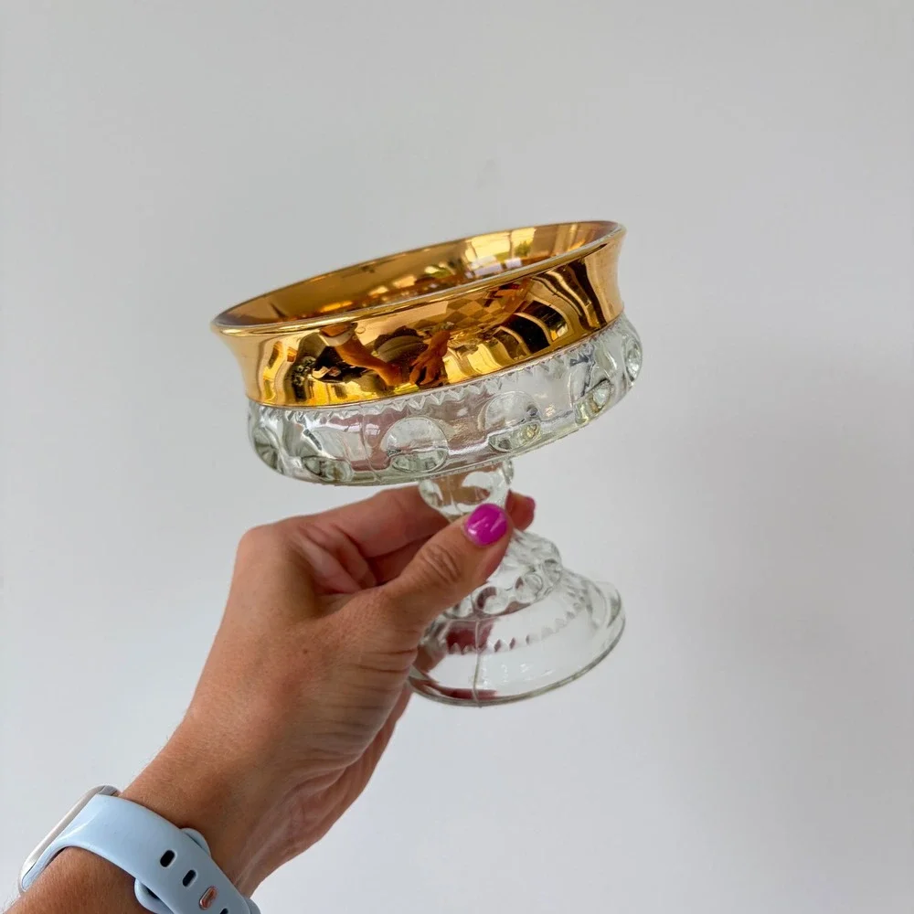 Indiana Glass Kings Thumbprint Gold Rim Goblets and Compote Set of 3 Vintage MCM